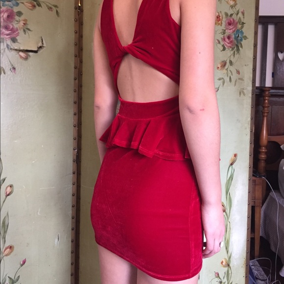 Red velvet peplum dress with cut out in back - Picture 3 of 5